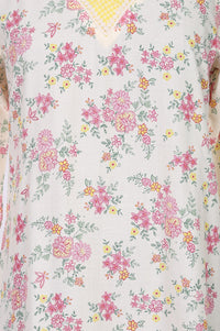 Cream Floral Printed Rayon Straight Kurta with Lace