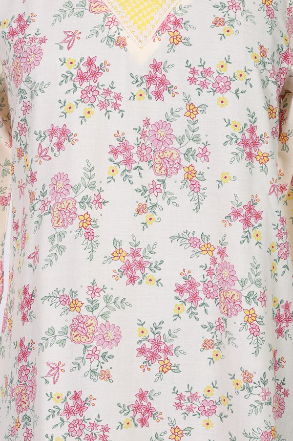 Cream Floral Printed Rayon Straight Kurta with Lace