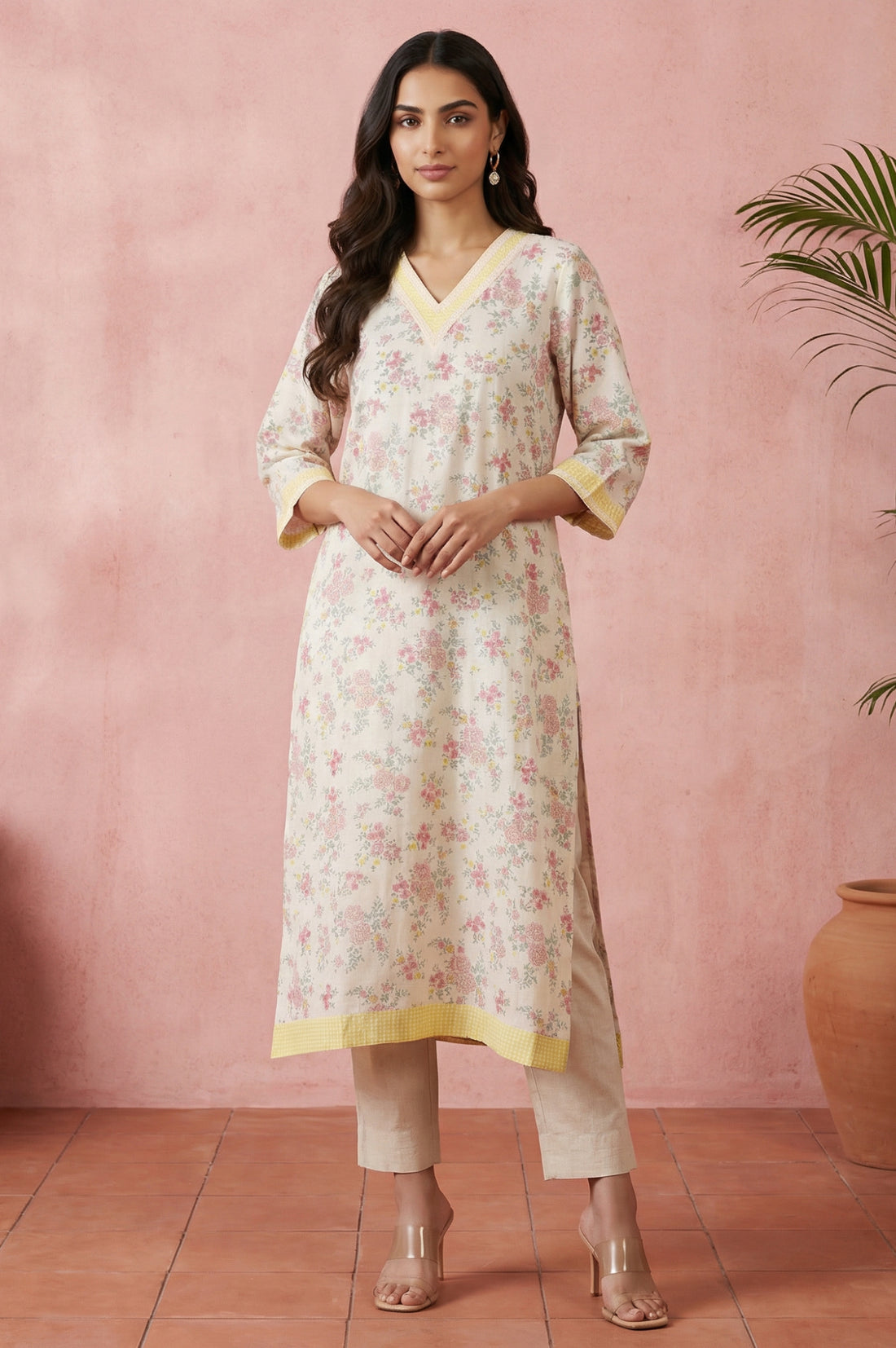 Cream Floral Printed Rayon Straight Kurta with Lace