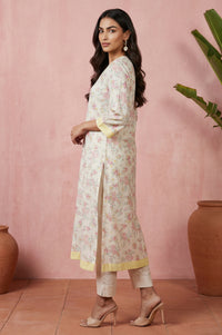 Cream Floral Printed Rayon Straight Kurta with Lace