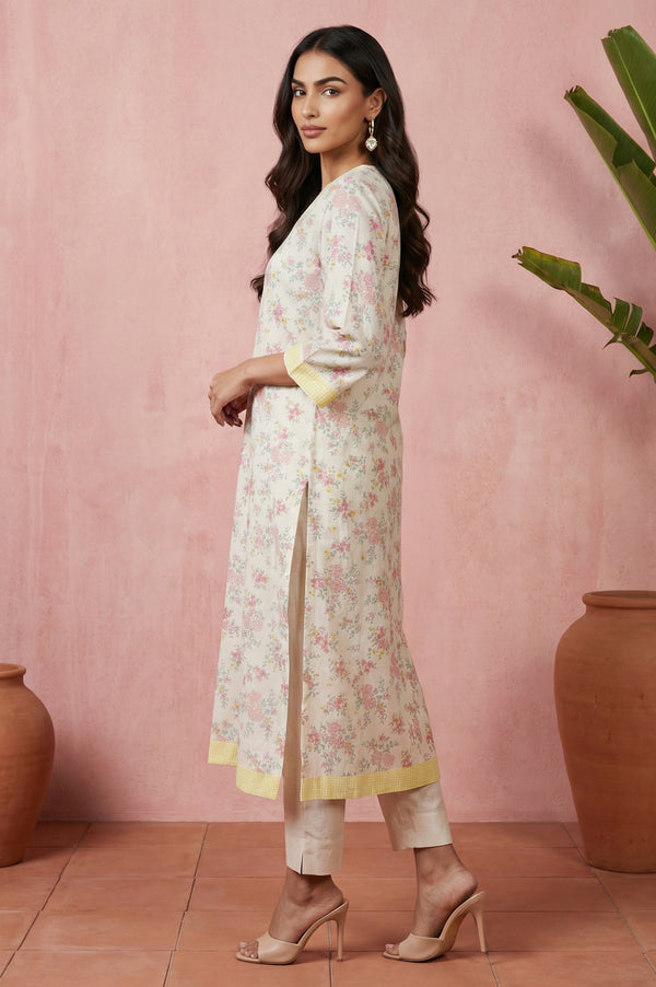 Cream Floral Printed Rayon Straight Kurta with Lace