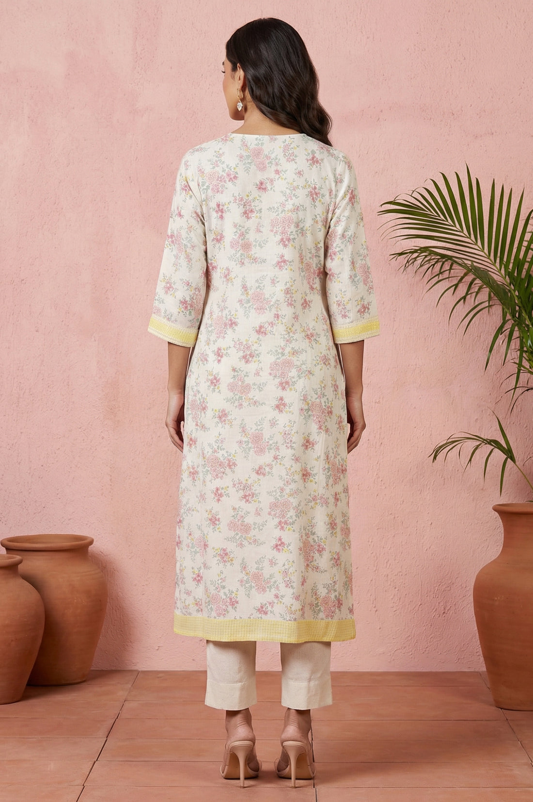 Cream Floral Printed Rayon Straight Kurta with Lace