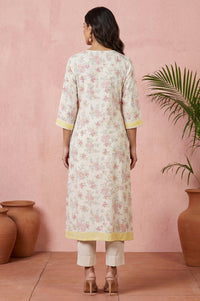 Cream Floral Printed Rayon Straight Kurta with Lace