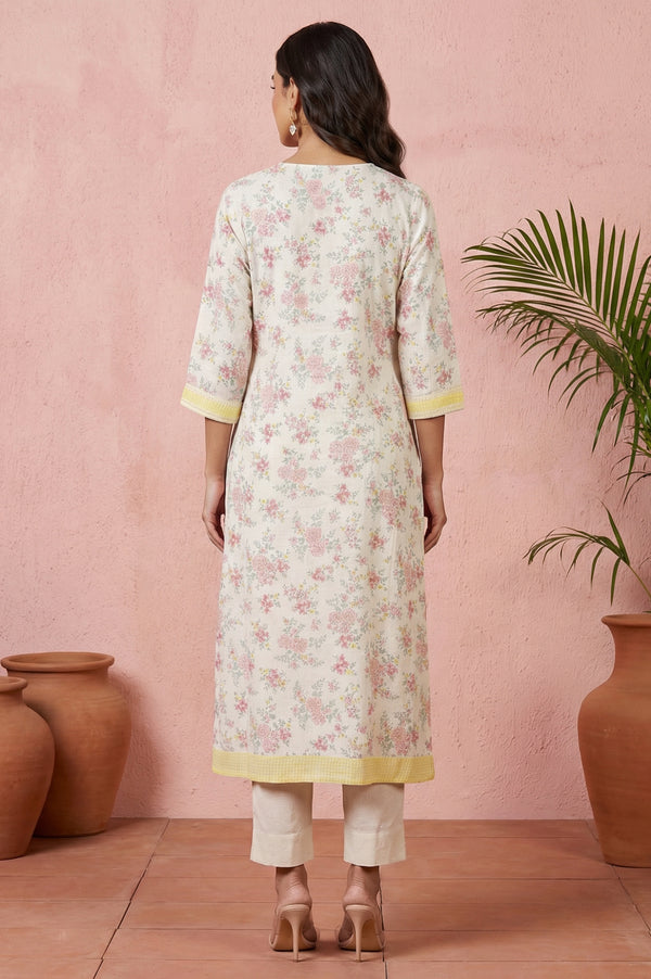 Cream Floral Printed Rayon Straight Kurta with Lace