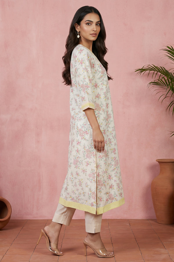 Cream Floral Printed Rayon Straight Kurta with Lace