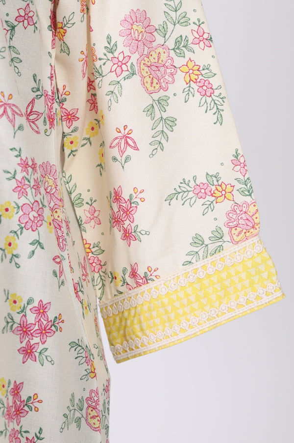 Cream Floral Printed Rayon Straight Kurta with Lace