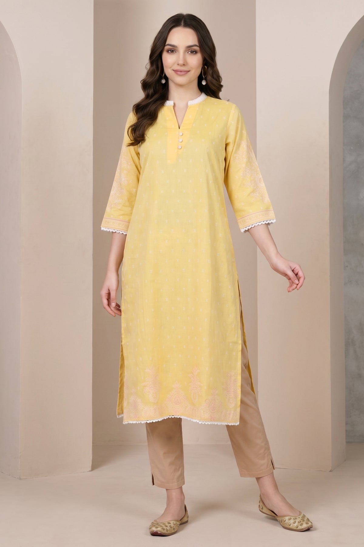 Yellow Ethnic Motif Straight Kurta - XS