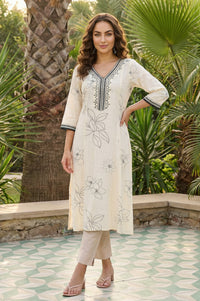 Off White Floral Printed Rayon Straight Kurta with Lace