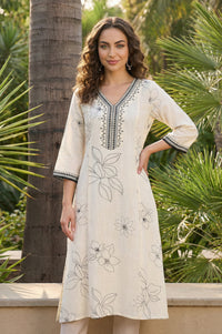 Off White Floral Printed Rayon Straight Kurta with Lace