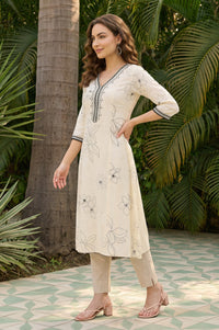 Off White Floral Printed Rayon Straight Kurta with Lace