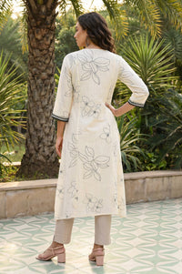 Off White Floral Printed Rayon Straight Kurta with Lace