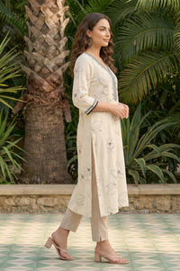 Off White Floral Printed Rayon Straight Kurta with Lace