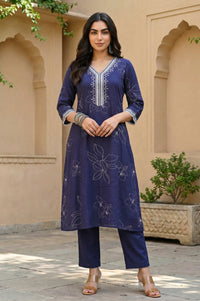 Navy Blue Floral Printed Rayon Straight Kurta