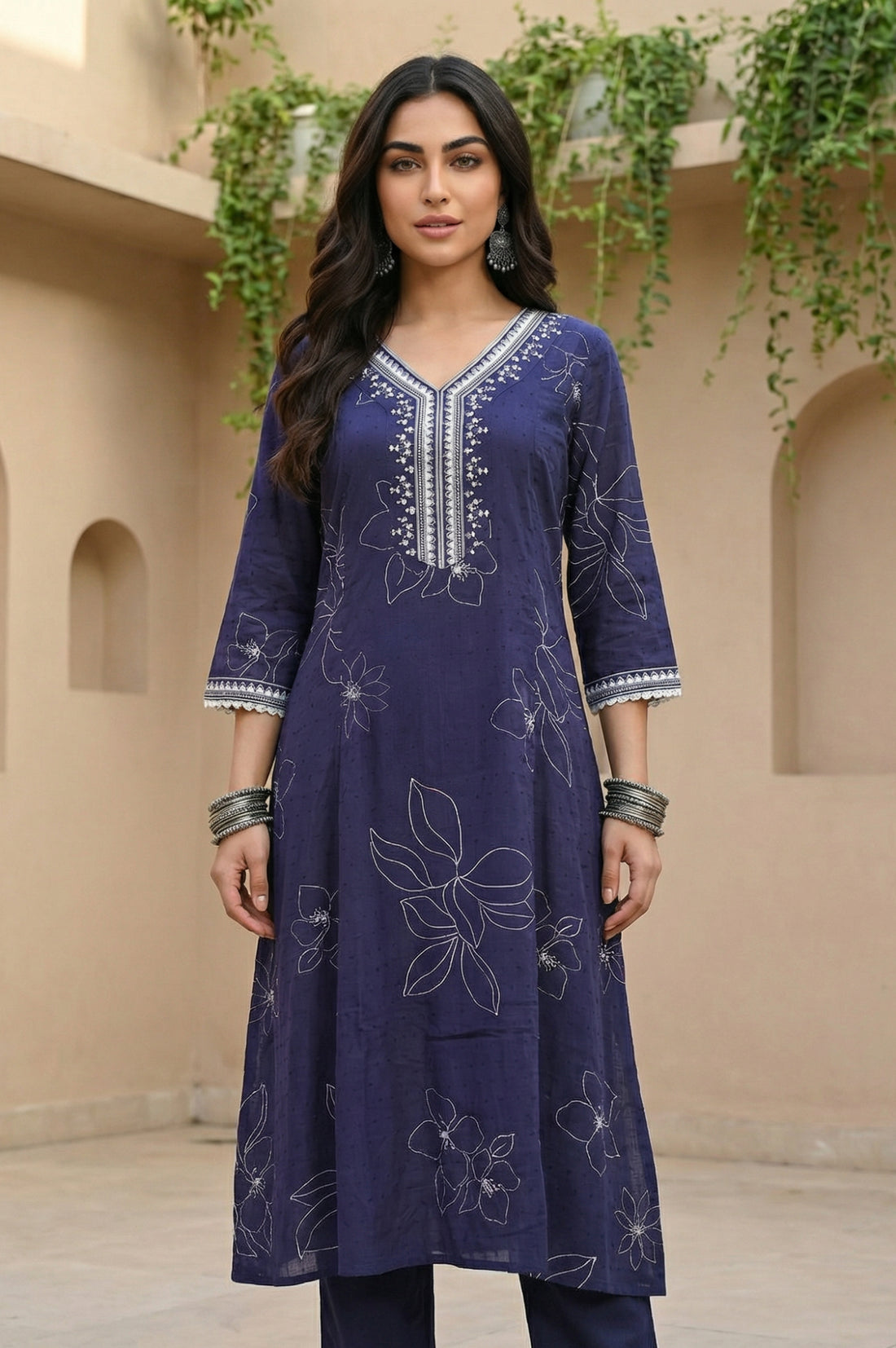 Navy Blue Floral Printed Rayon Straight Kurta