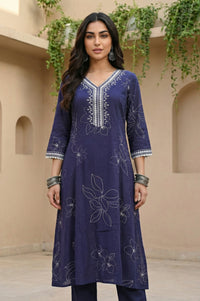 Navy Blue Floral Printed Rayon Straight Kurta