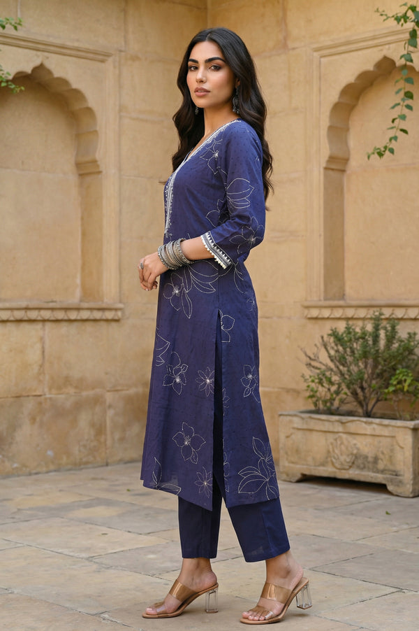 Navy Blue Floral Printed Rayon Straight Kurta