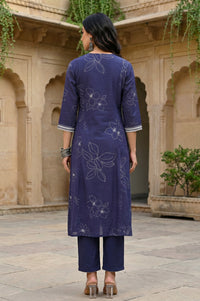 Navy Blue Floral Printed Rayon Straight Kurta