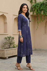 Navy Blue Floral Printed Rayon Straight Kurta