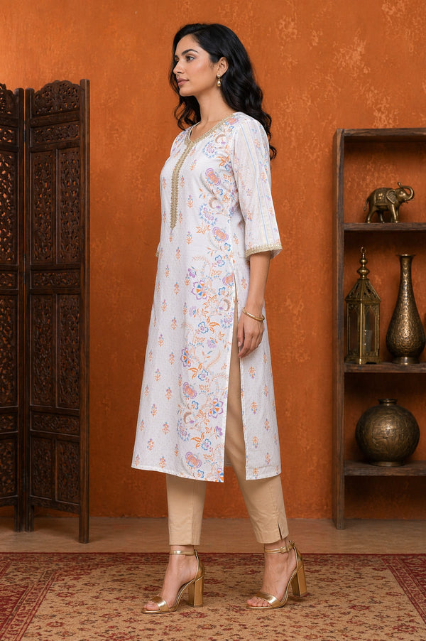 Aurelia Women's Off White Floral Printed Straight Kurta with Lace
