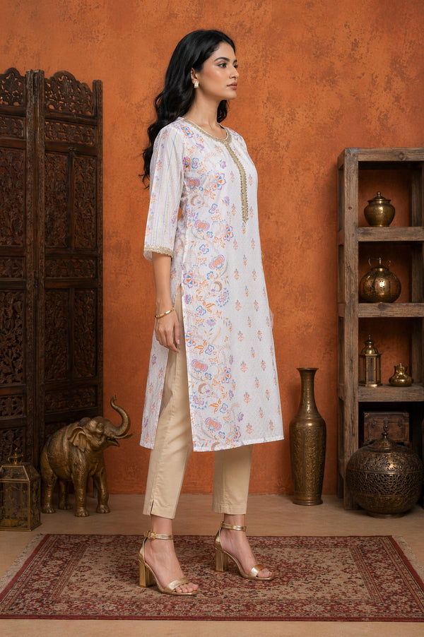 Aurelia Women's Off White Floral Printed Straight Kurta with Lace