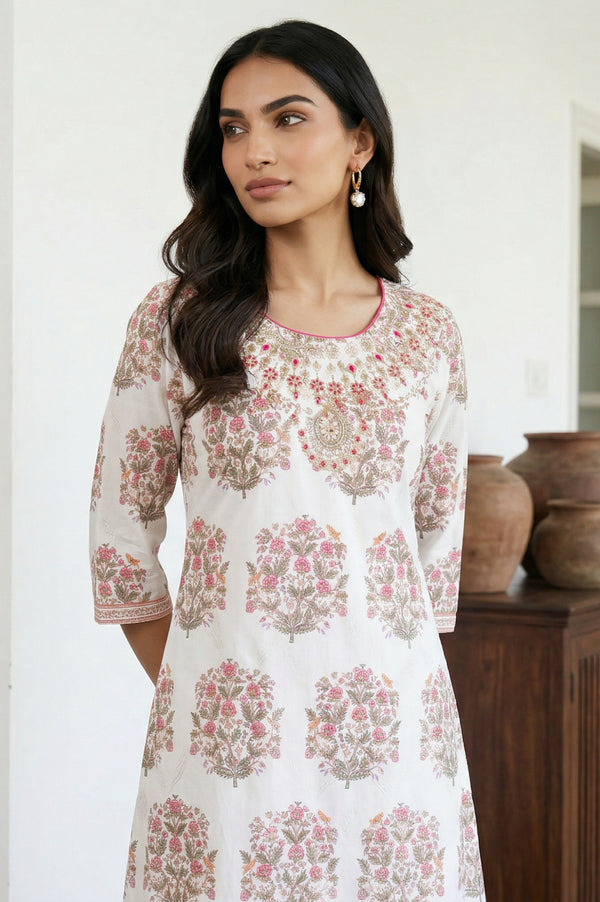White Floral Printed Mettalic Embroidered Straight Kurta