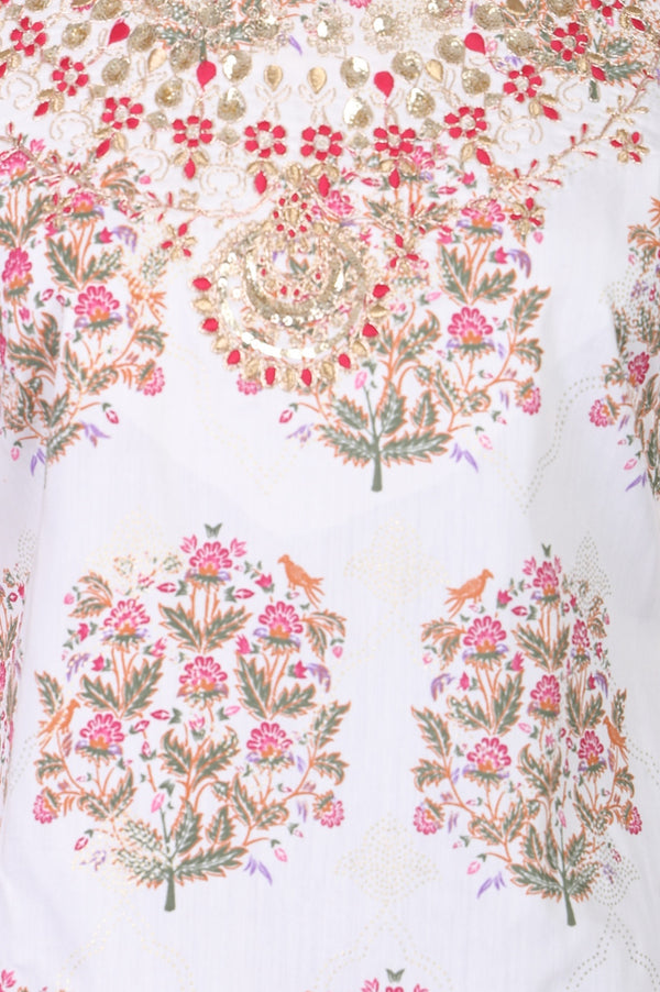 White Floral Printed Mettalic Embroidered Straight Kurta