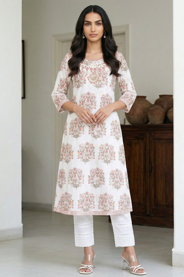 White Floral Printed Mettalic Embroidered Straight Kurta