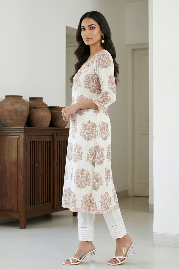 White Floral Printed Mettalic Embroidered Straight Kurta