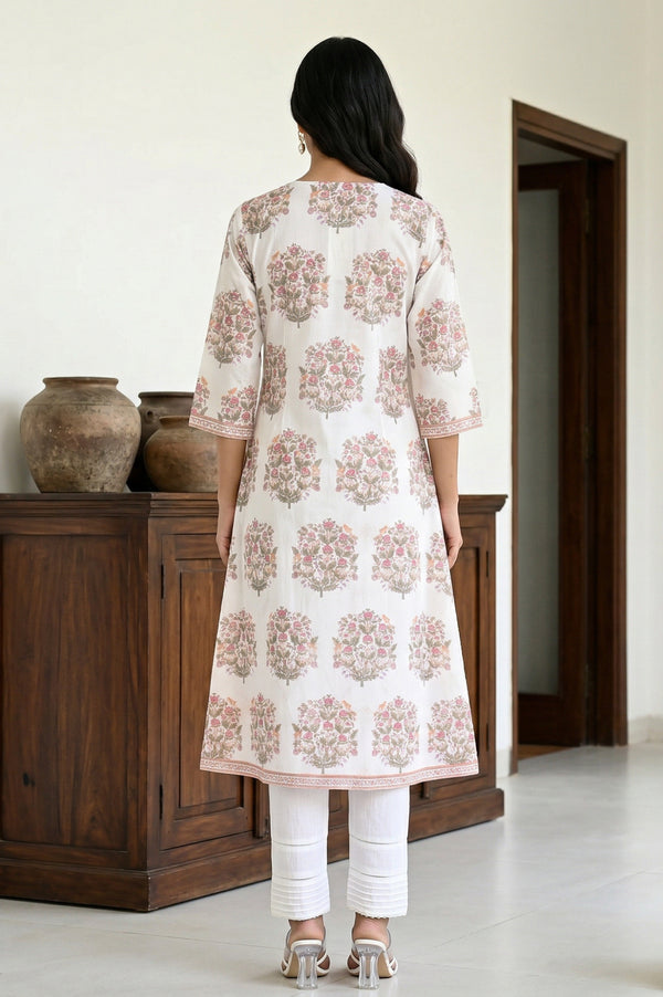 White Floral Printed Mettalic Embroidered Straight Kurta