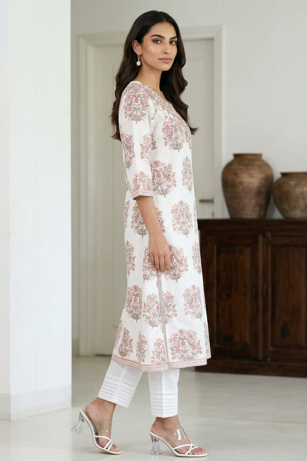 White Floral Printed Mettalic Embroidered Straight Kurta