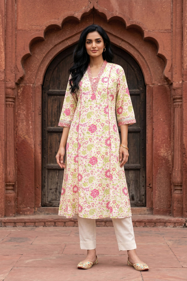 Off White Floral Printed Pure Cotton A-line Kurta