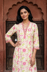 Off White Floral Printed Pure Cotton A-line Kurta