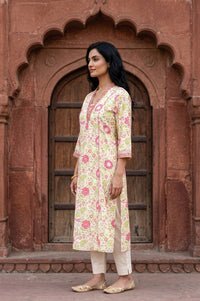 Off White Floral Printed Pure Cotton A-line Kurta