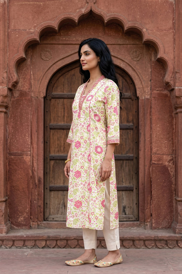 Off White Floral Printed Pure Cotton A-line Kurta