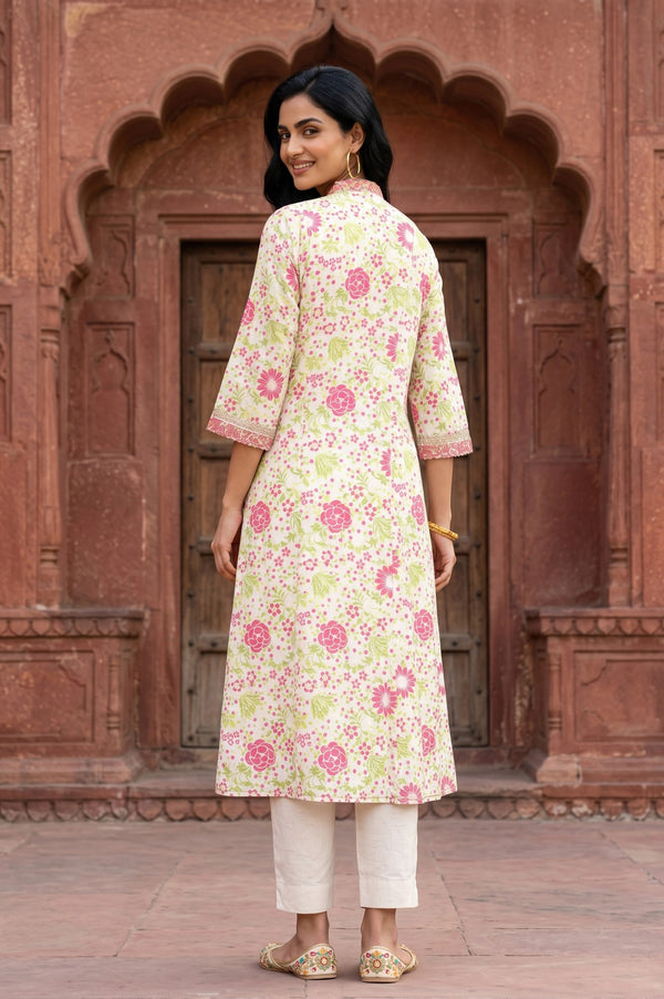 Off White Floral Printed Pure Cotton A-line Kurta