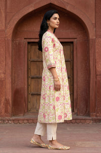 Off White Floral Printed Pure Cotton A-line Kurta