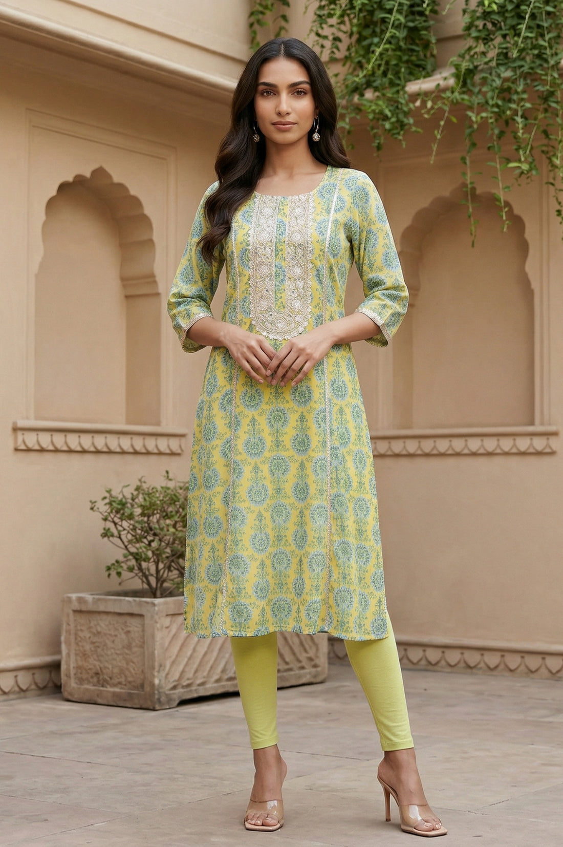 Yellow Floral Printed Embellished Georgette A-Line Kurta
