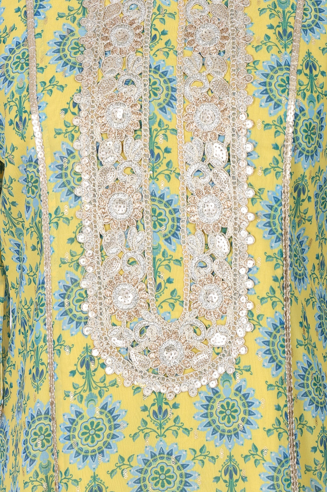 Yellow Floral Printed Embellished Georgette A-Line Kurta