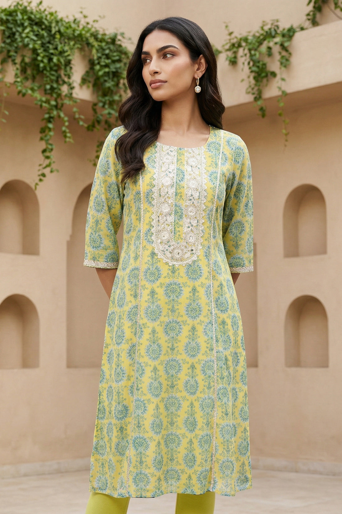 Yellow Floral Printed Embellished Georgette A-Line Kurta