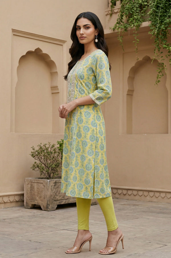 Yellow Floral Printed Embellished Georgette A-Line Kurta