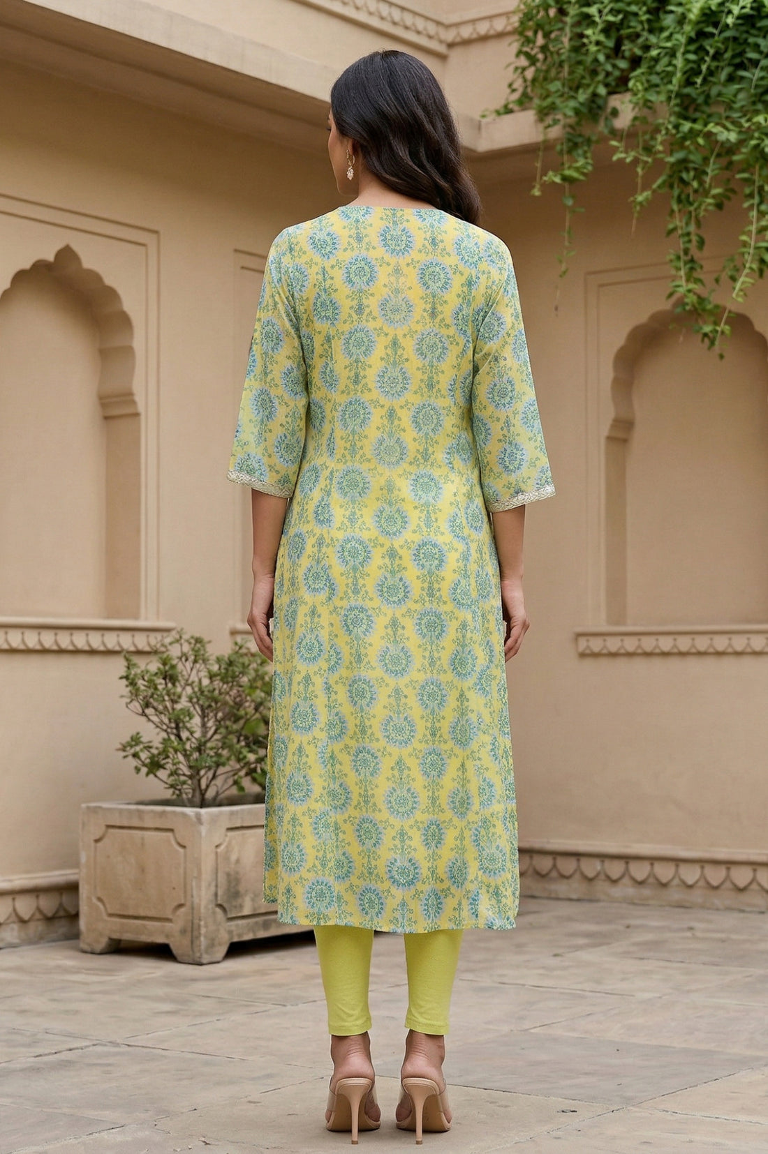 Yellow Floral Printed Embellished Georgette A-Line Kurta