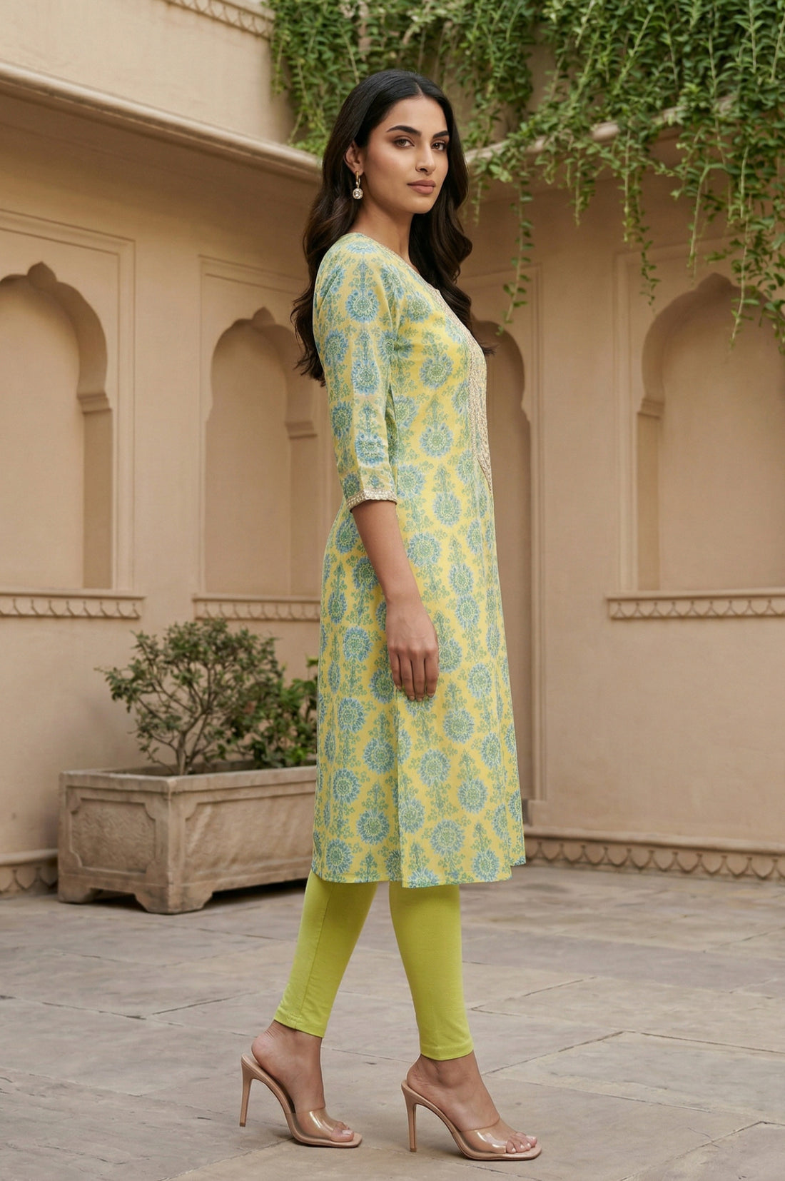 Yellow Floral Printed Embellished Georgette A-Line Kurta