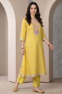 Yellow Floral Printed Embroidered A-line Kurta