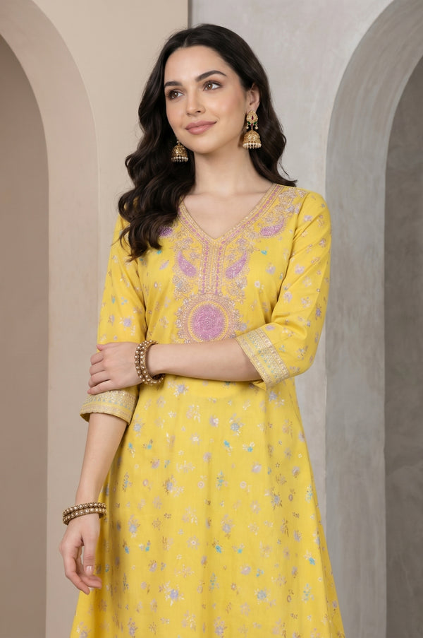 Yellow Floral Printed Embroidered A-line Kurta