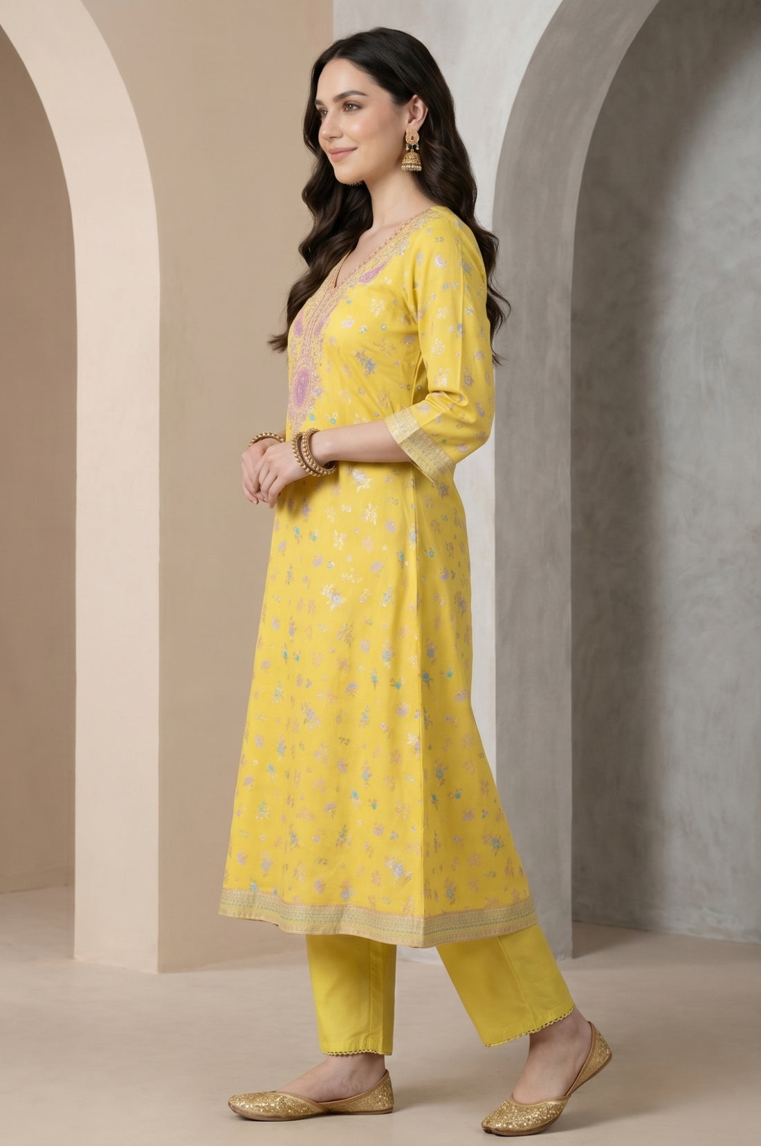 Yellow Floral Printed Embroidered A-line Kurta