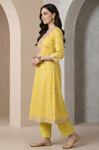 Yellow Floral Printed Embroidered A-line Kurta