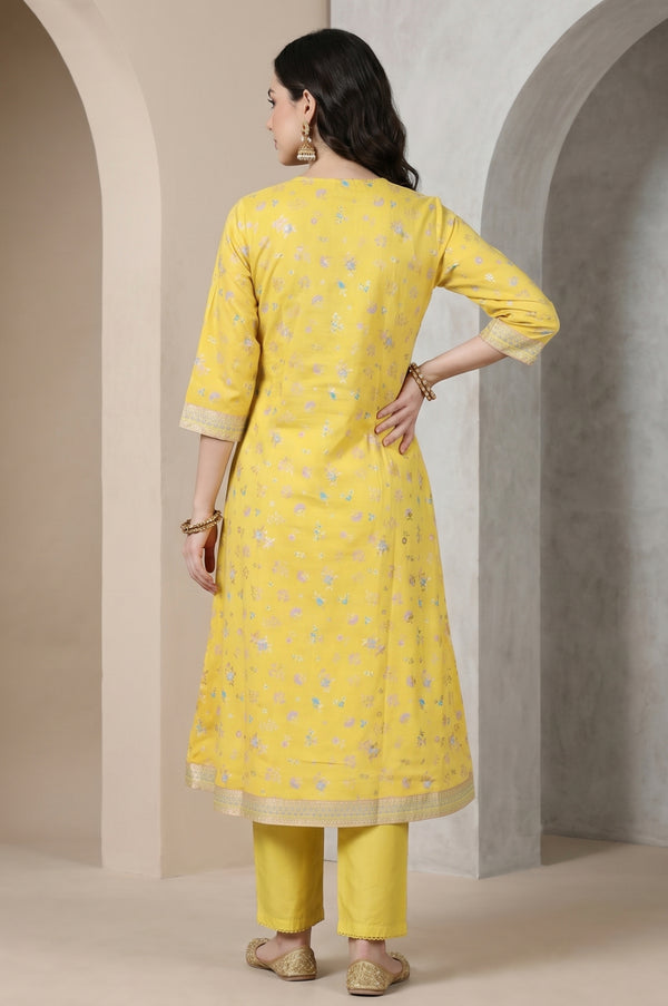 Yellow Floral Printed Embroidered A-line Kurta