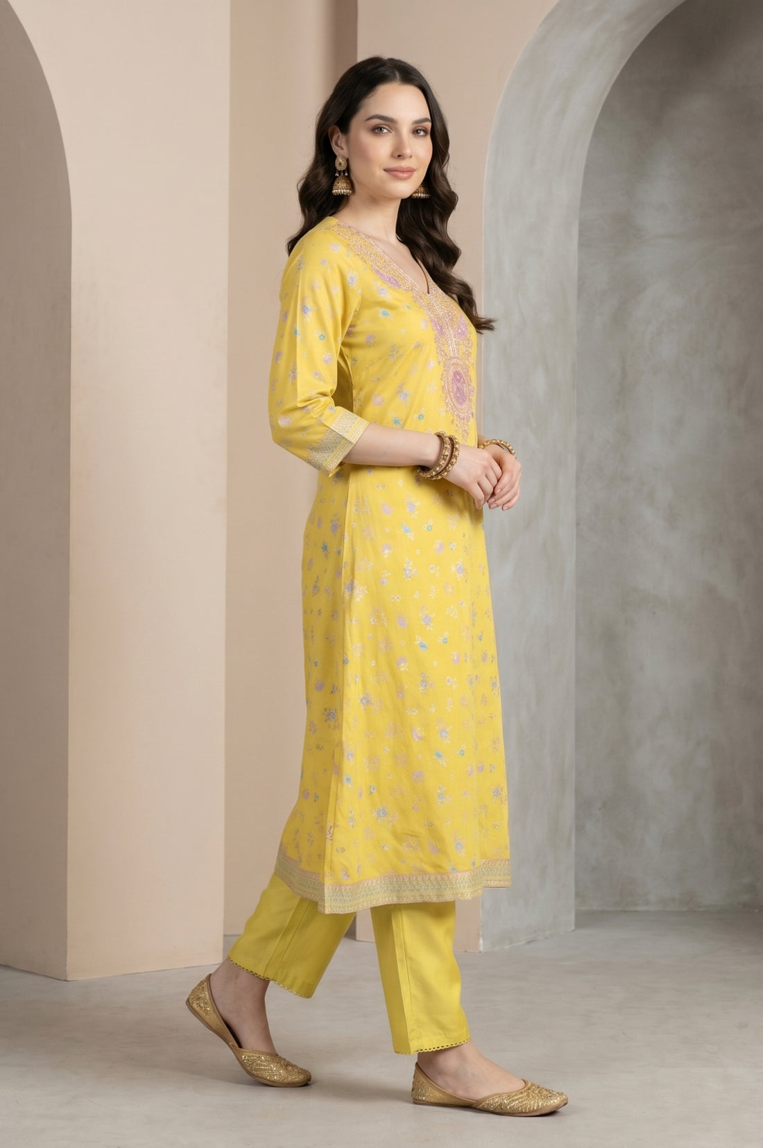 Yellow Floral Printed Embroidered A-line Kurta