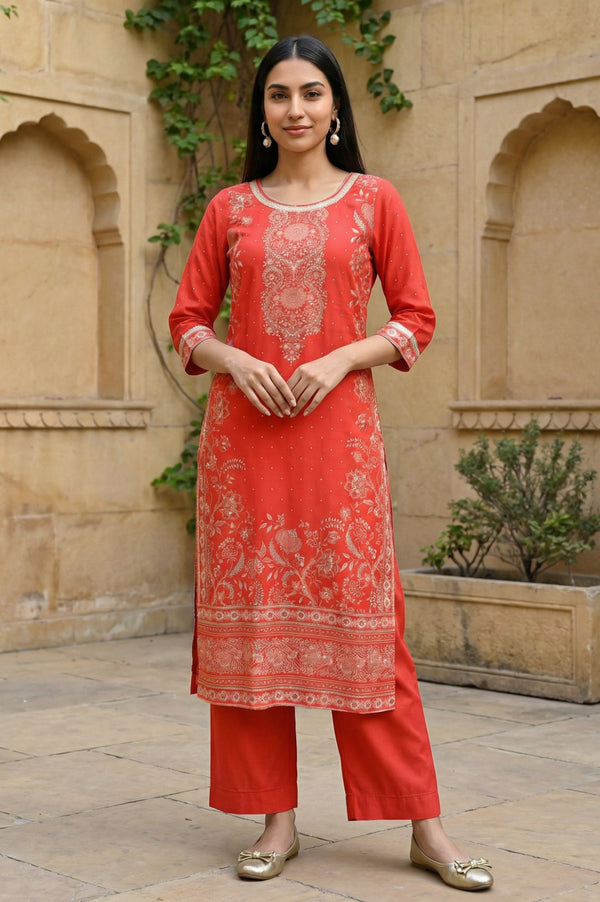 Red Floral Foil Printed Rayon Straight Kurta