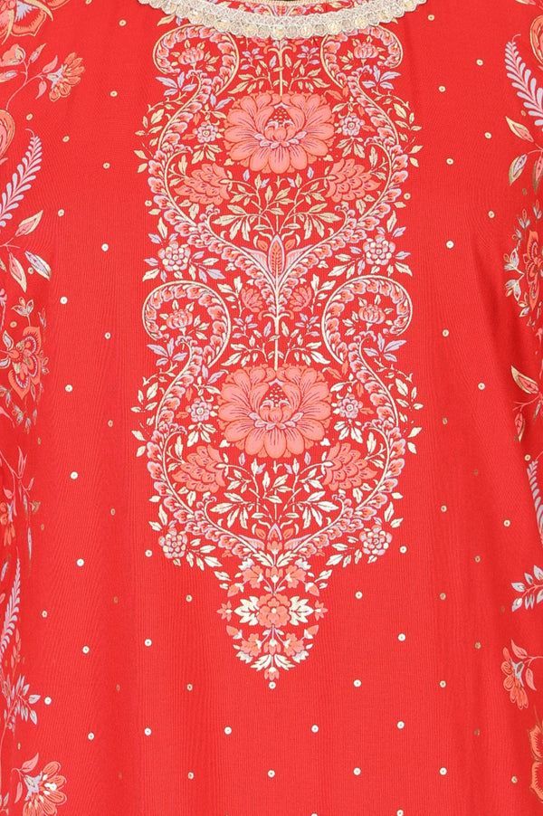 Red Floral Foil Printed Rayon Straight Kurta